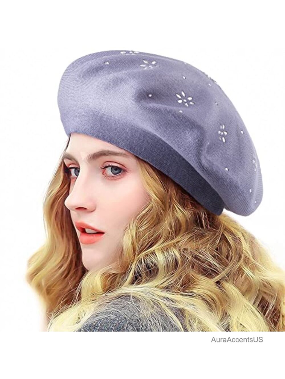 Rhinestone Beret Hat Women Wool Knit Cap Double Layer Winter